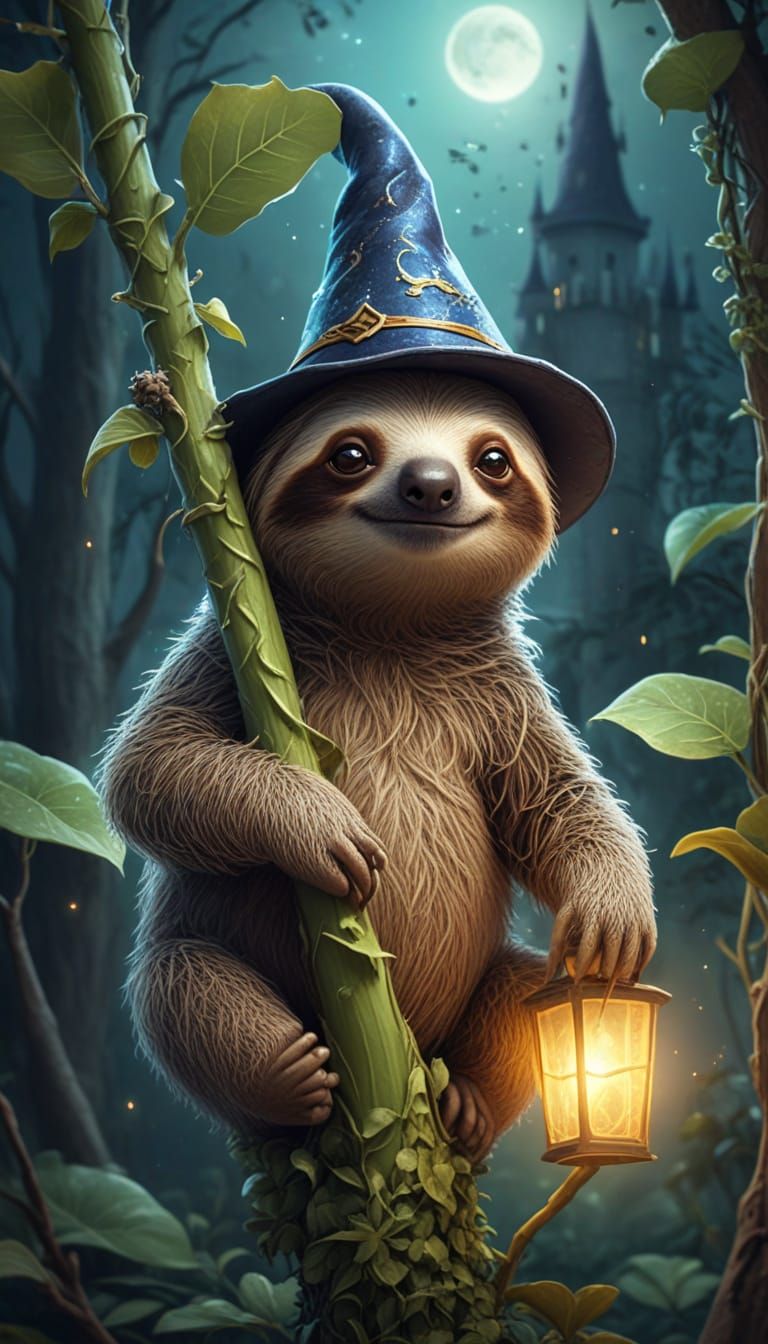 Whimsical Sloth Wizard Climbs Starry Beanstalk