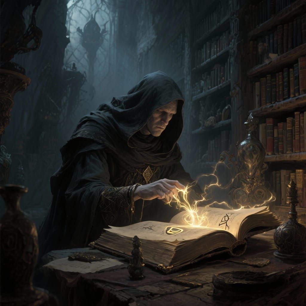 Mage Studying Ancient Tome in Forgotten Library