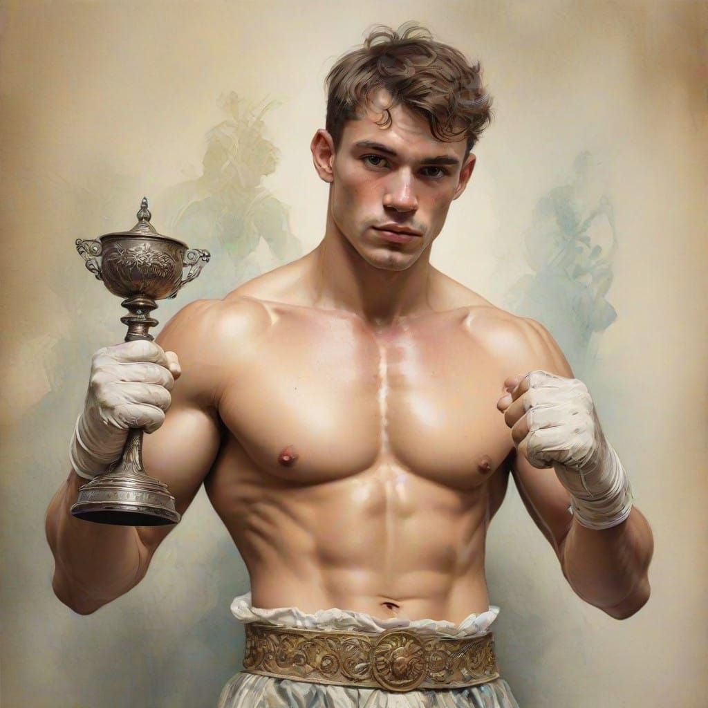 Ethereal Boxer Triumphs with Trophy in Norman Lindsay Style