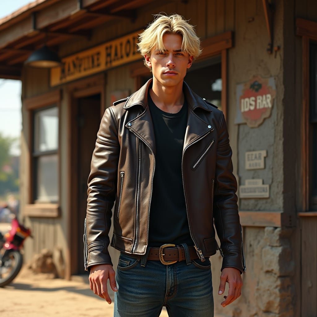 Photorealistic Biker Portrait at Rustic Bar in Late Afternoo...