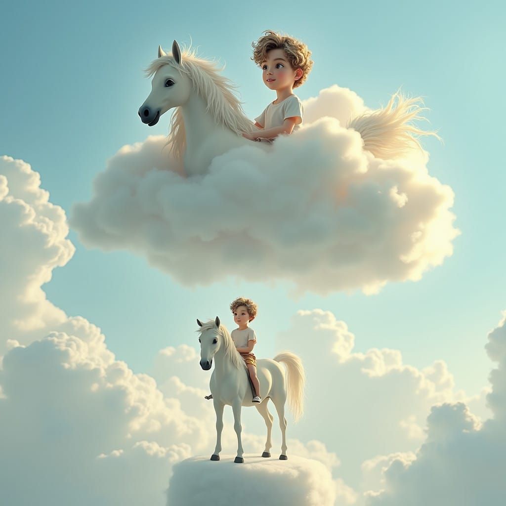 Young Man in Dreamy Cloudscape with Majestic Horse
