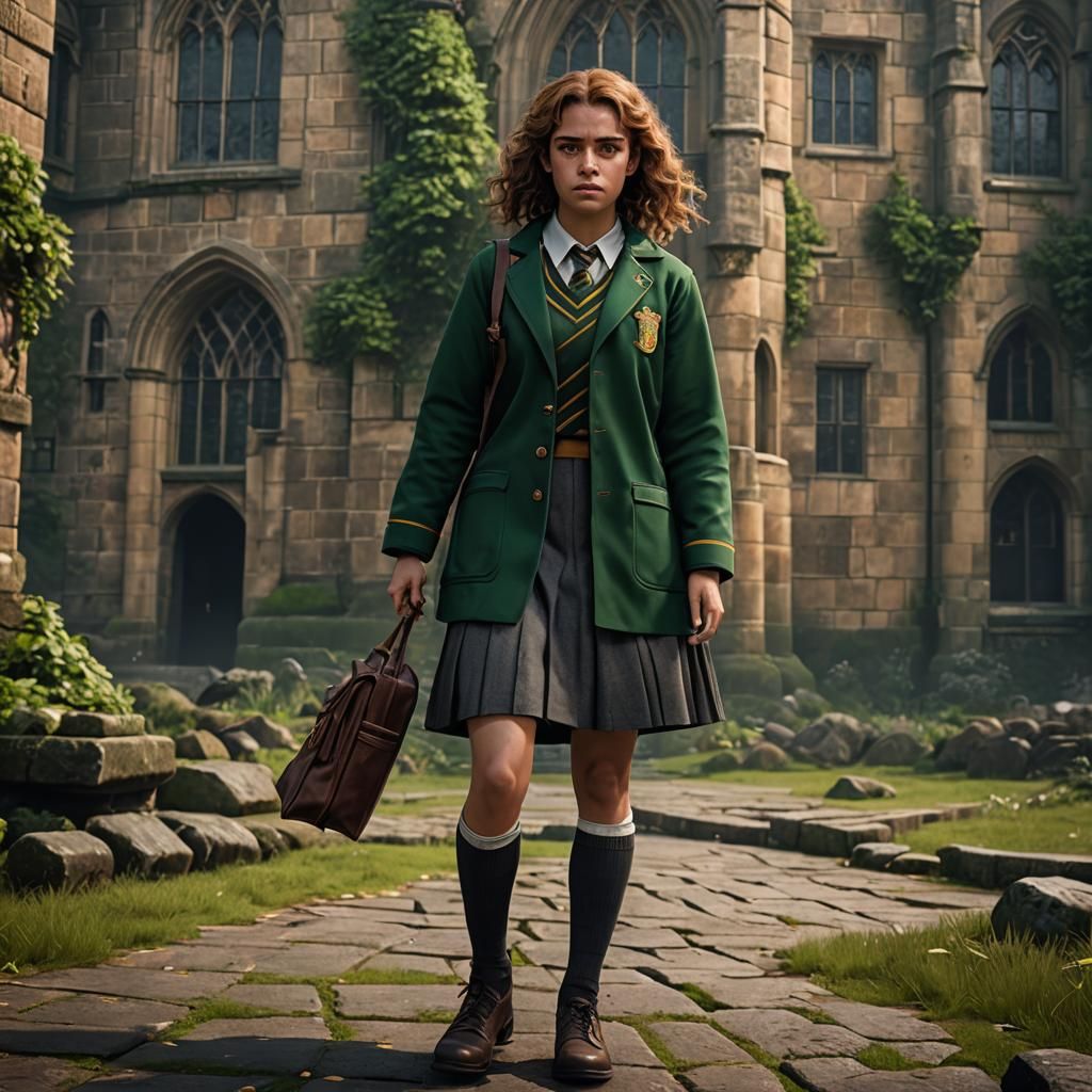 hermione granger in a slytherine school uniform
