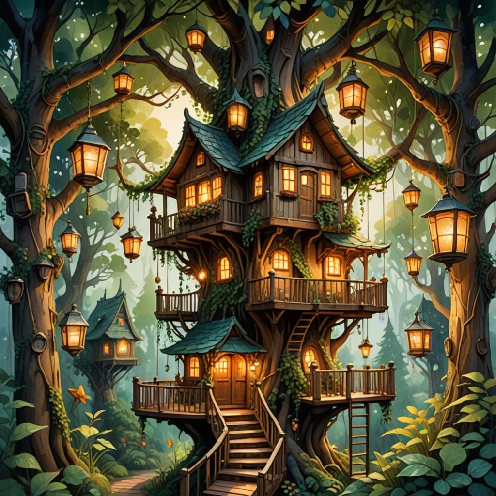 Whimsical Treehouse Village in Vibrant Watercolor Style