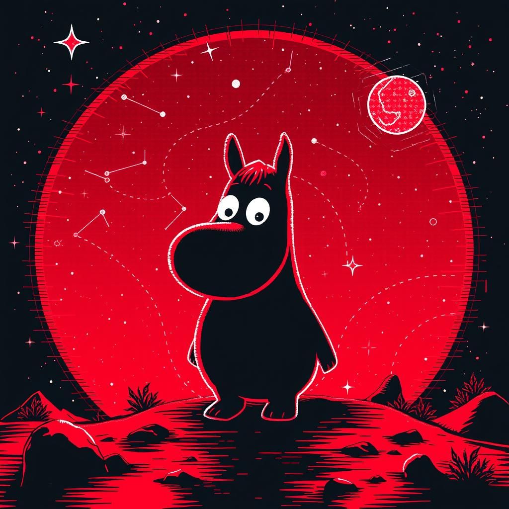 Red Moomin in Maximalist Abstract Constellation