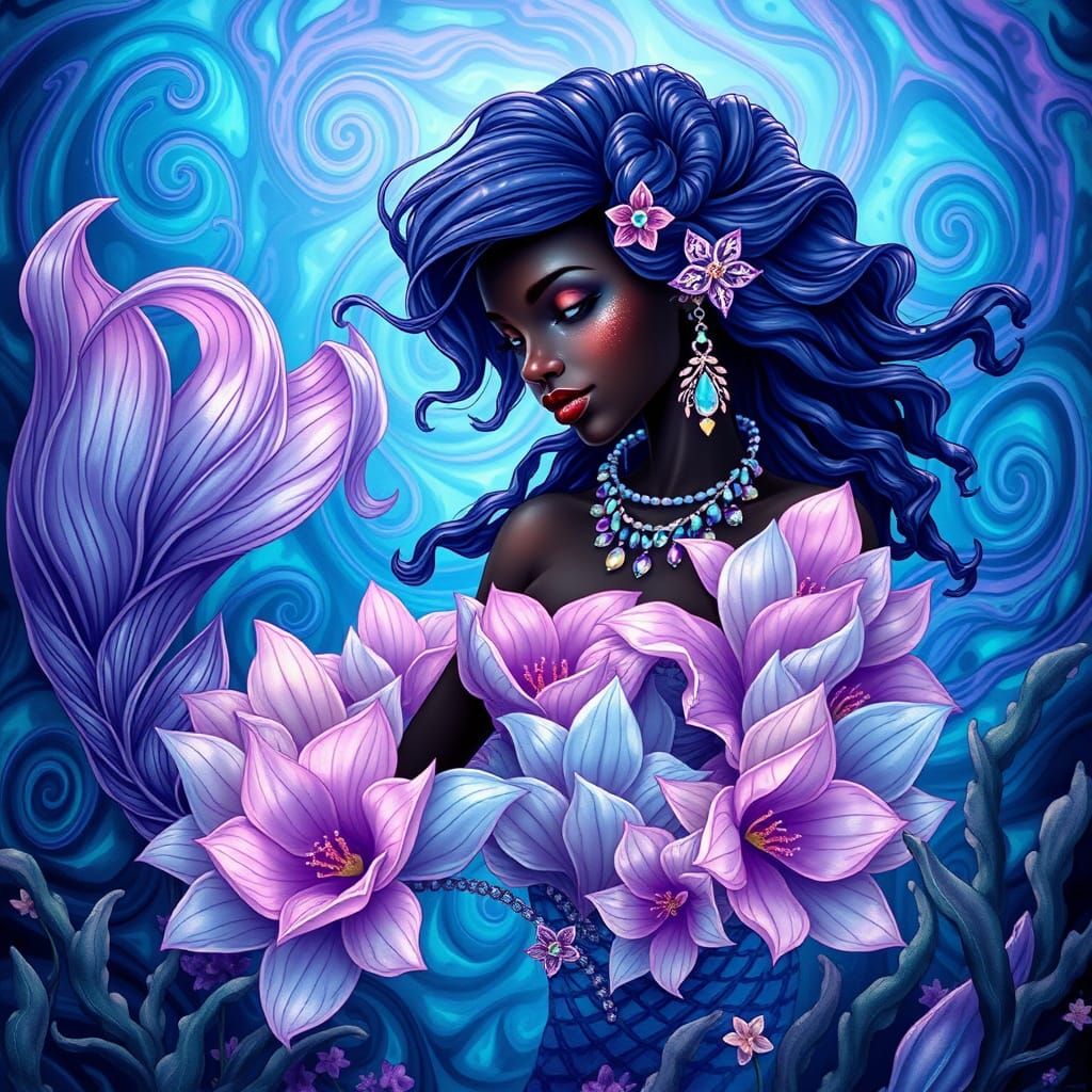 Ethereal Black Mermaid Emerges from Cosmic Ocean Depths