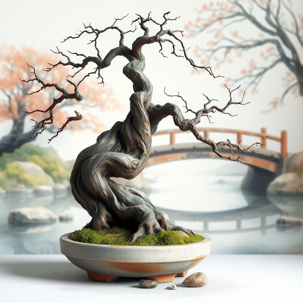 Ethereal Bonsai Scene in Watercolor-Inspired Style
