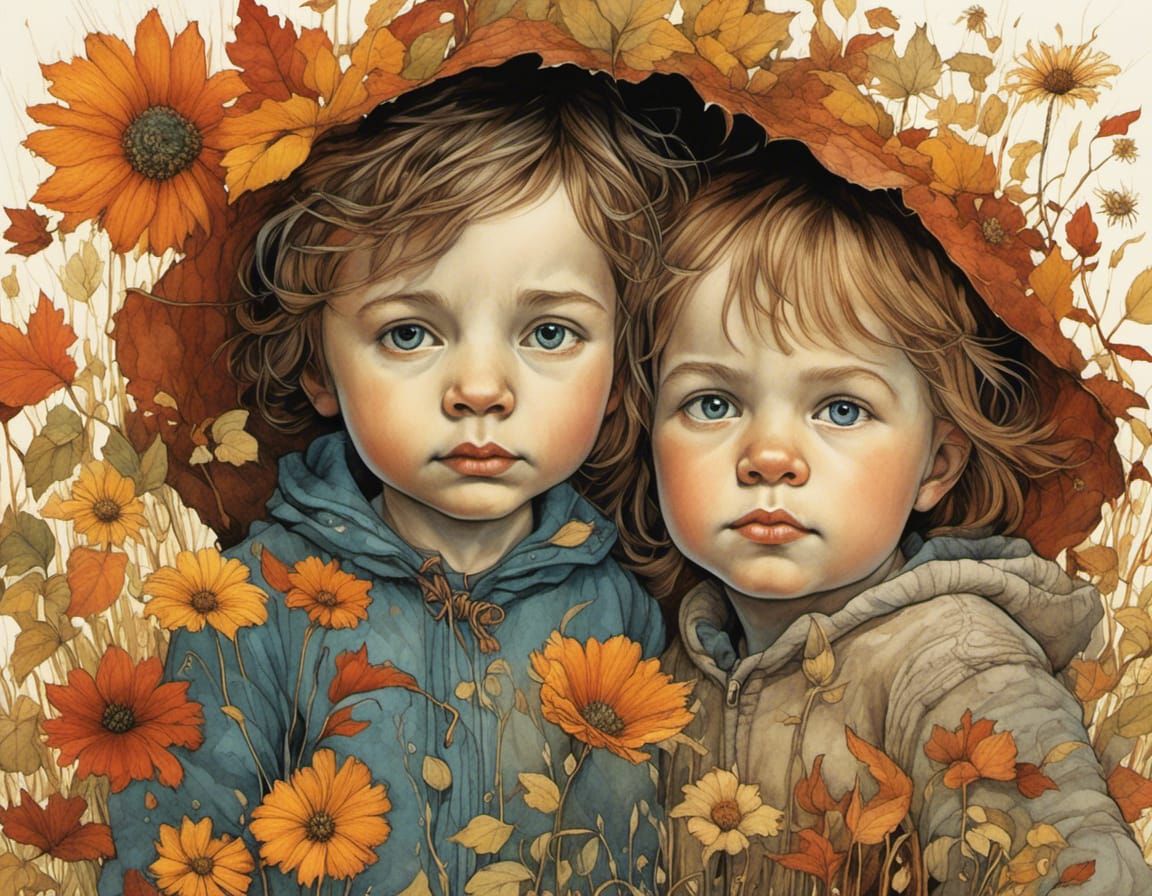 Surreal Toddler Siblings Portrait among Autumn Wildflowers