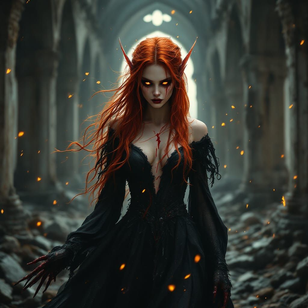 Beautiful Elf in Gothic Ruins with Upward Flowing Blood