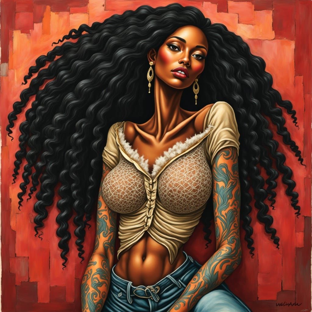 Brazilian Woman in Lace Blouse, Red Lips, Gouache Impasto St...