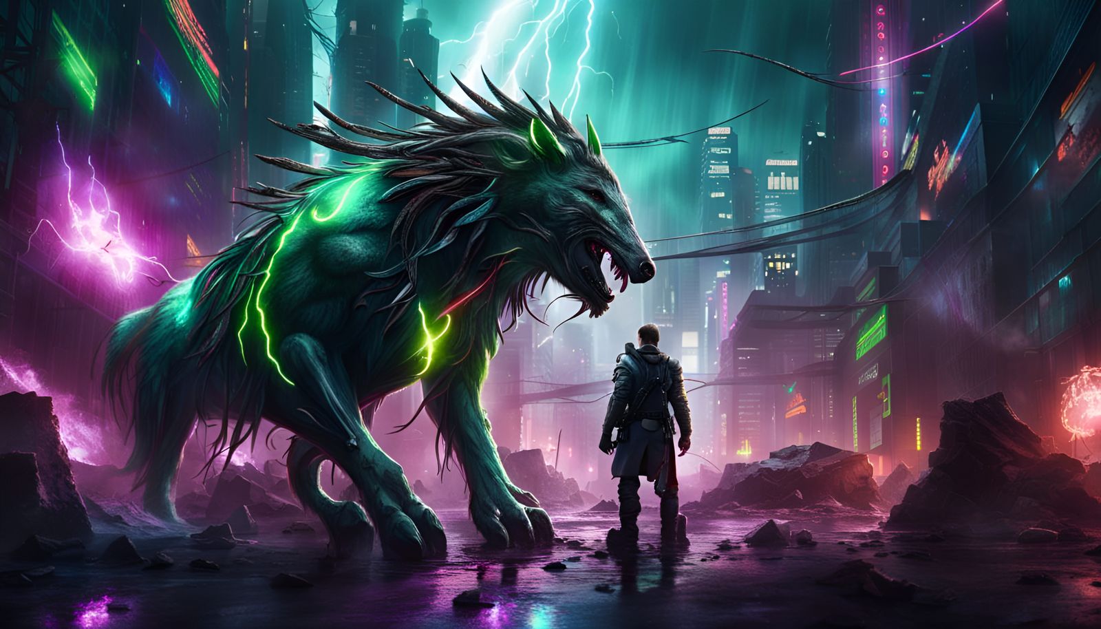 Apocalyptic Cyberpunk Fantasy World with Green Lightning