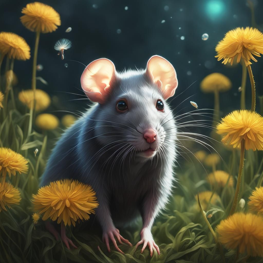 Detailed Rat Portrait with Dandelions in Hyperrealistic Styl...