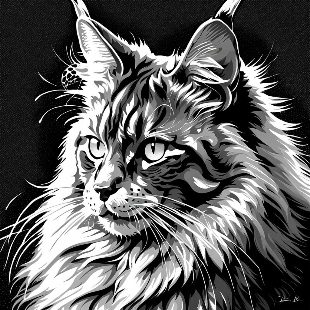 Majestic Maine Coon Cat Portrait in Stipple Art