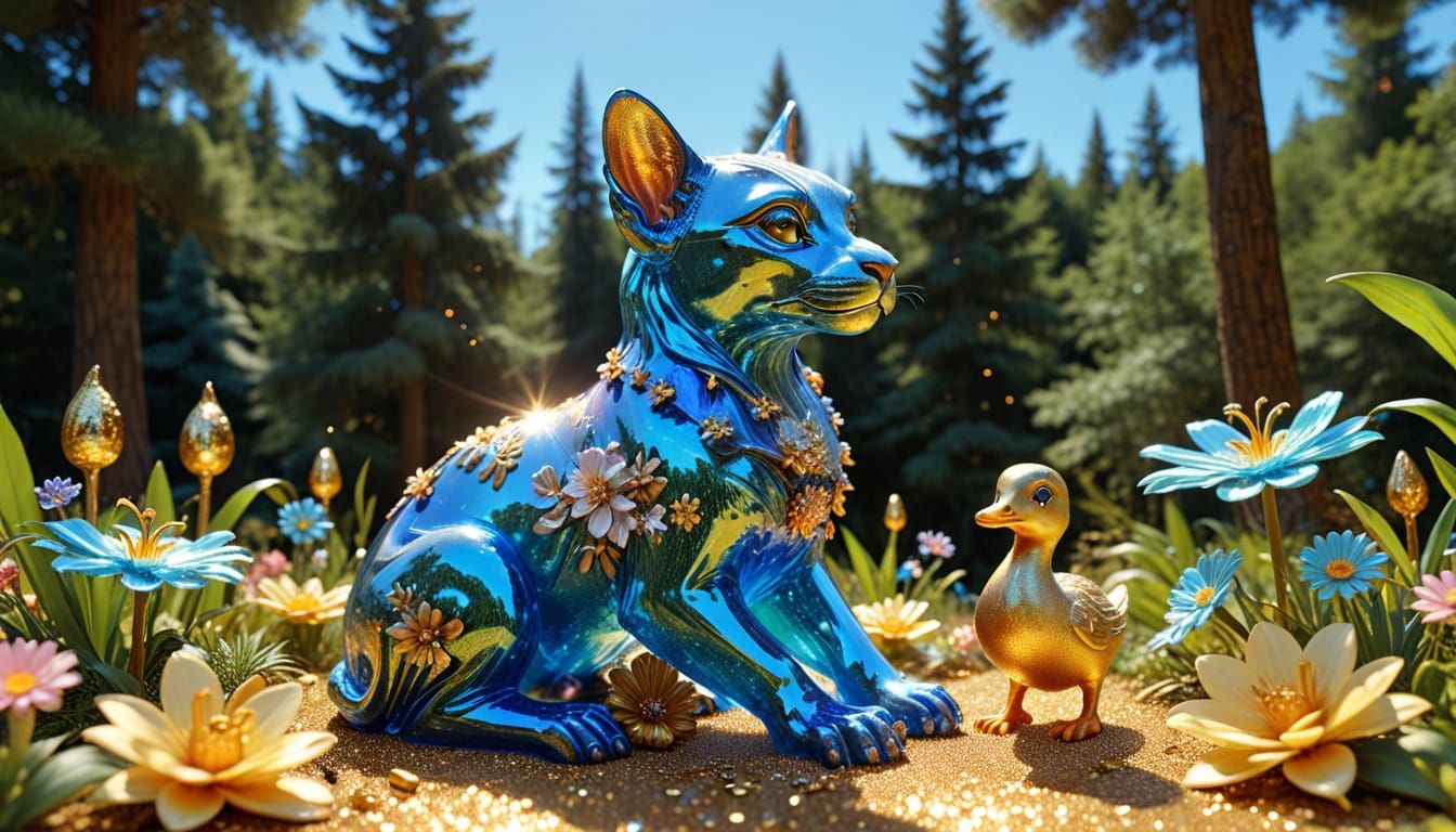 Iridescent Sphinx and Duckling Sculpture