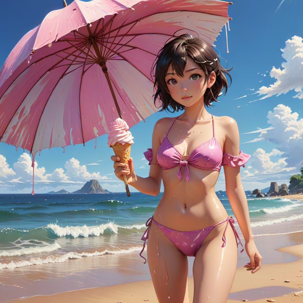 Anime Girl on Beach with Ice Cream