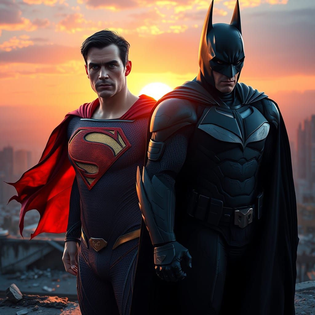 Superman and Batman Standoff in a Ruined City at Sunset