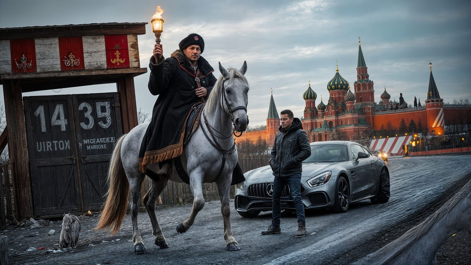 Cossack and Horse Stand Guard Near Kremlin Walls