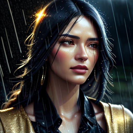 Woman in Rain: Hyper-Realistic Digital Art