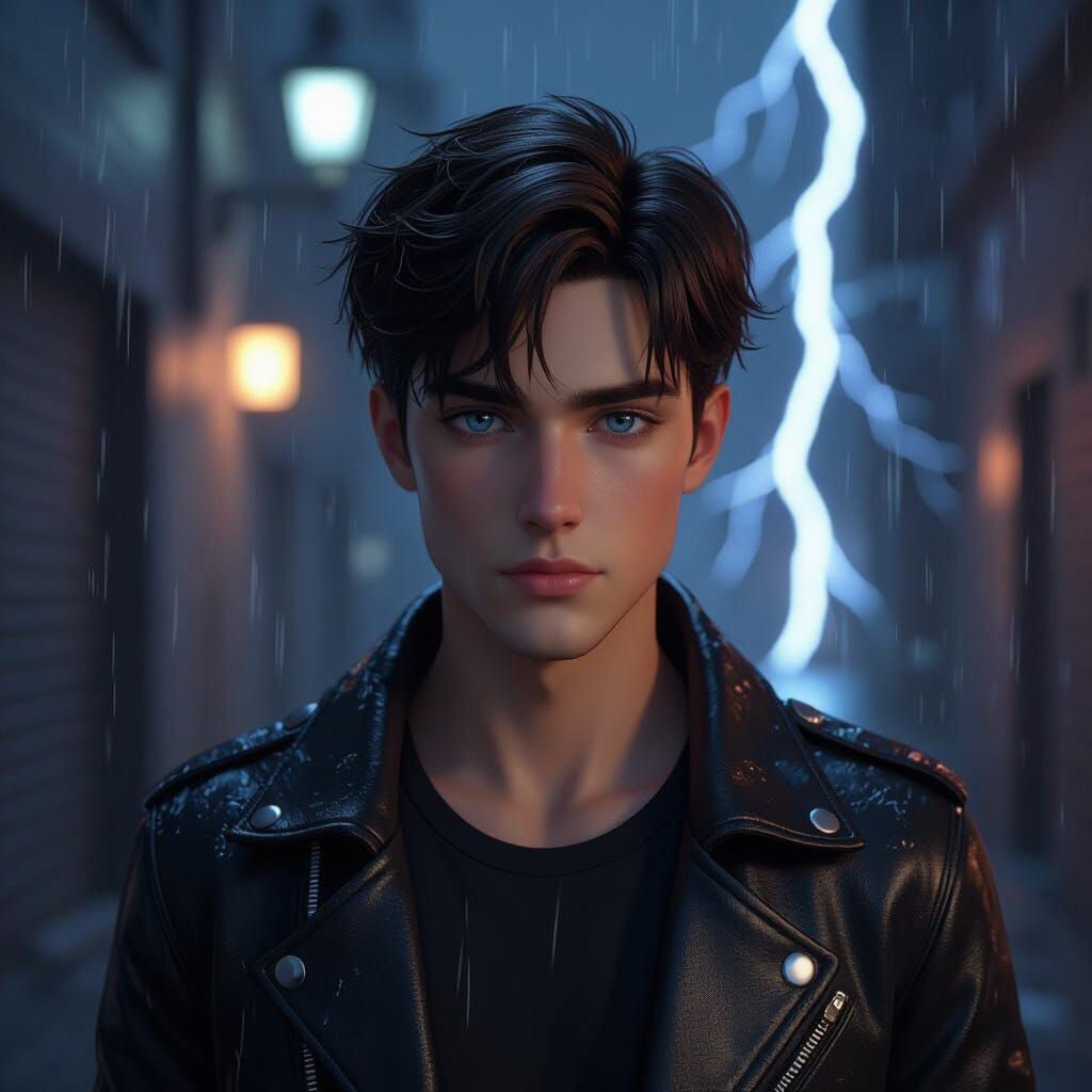 Hyperrealistic Man in Lightning Alleyway