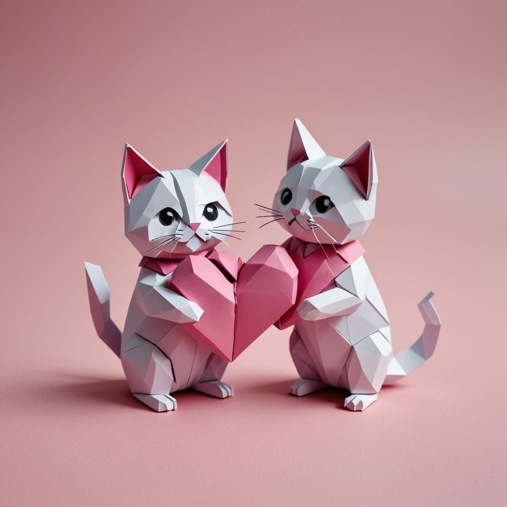Two Cats Holding Heart in Origami Style