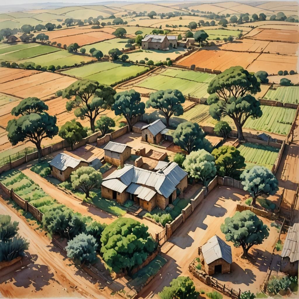 South African Farm Yard in Watercolor Style