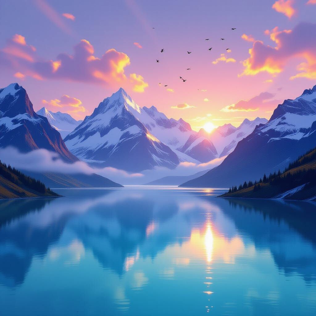 Majestic Snow-Capped Mountains Reflecting Sunset Over Turquo...