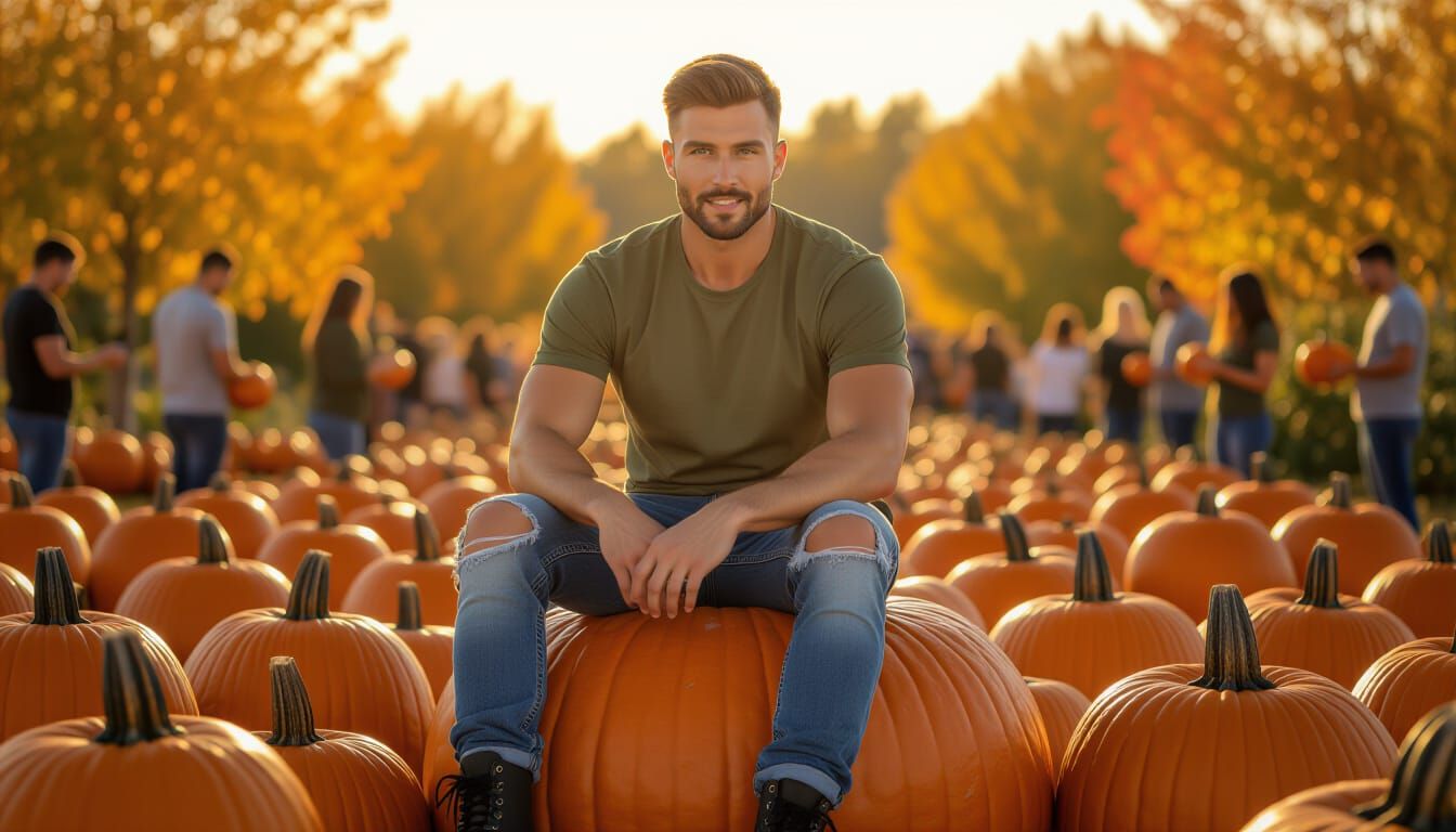 Handsome Man in Pumpkin Patch at Golden Hour