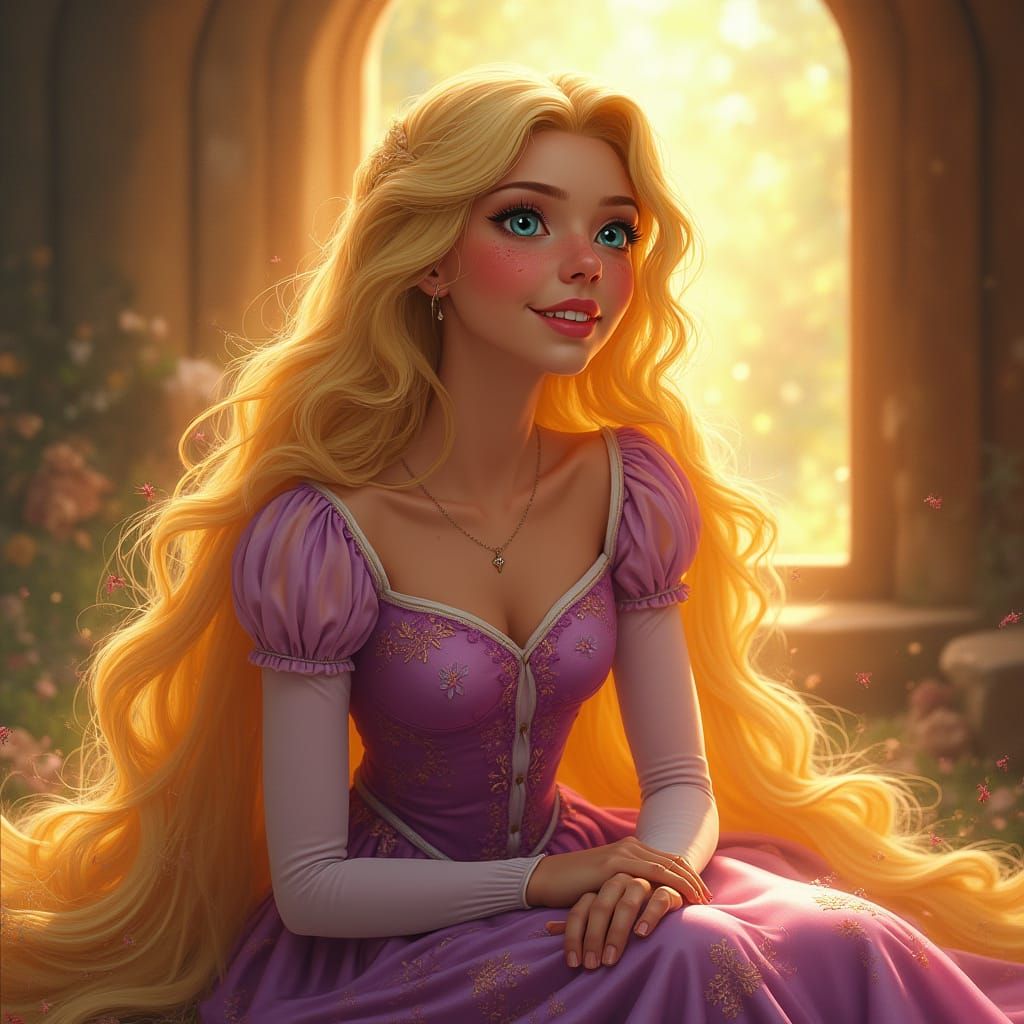 Serenely Beautiful Rapunzel in Whimsical Realism