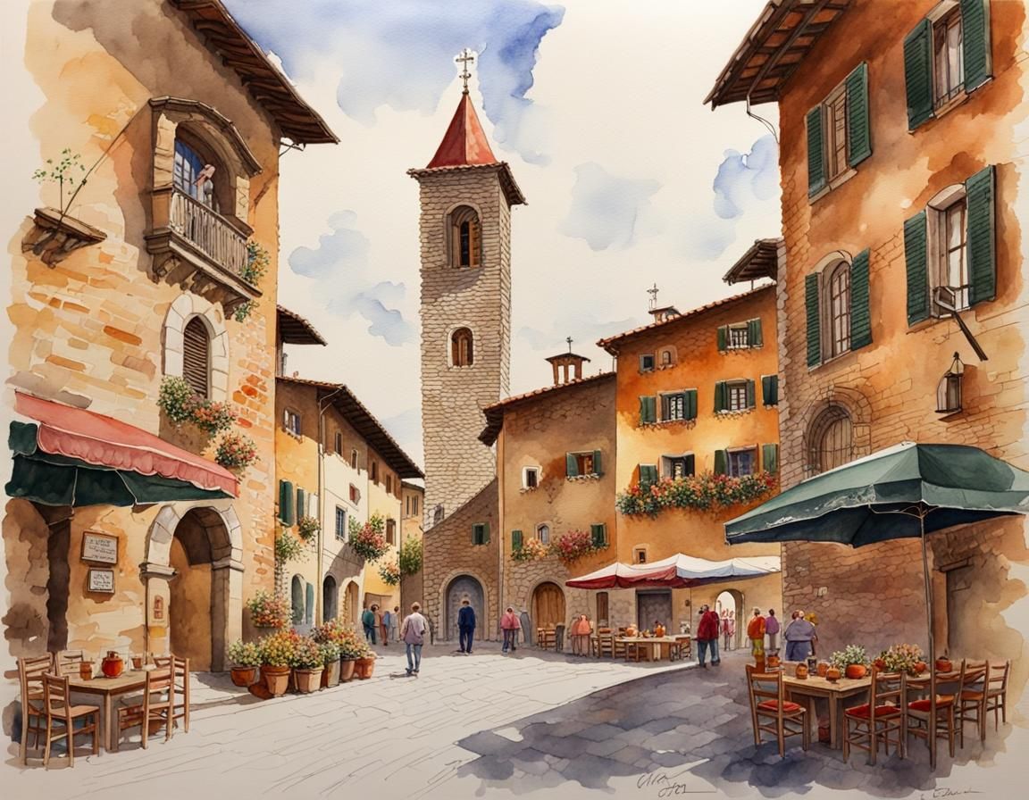 Greve In Chianti Square in Watercolor Style