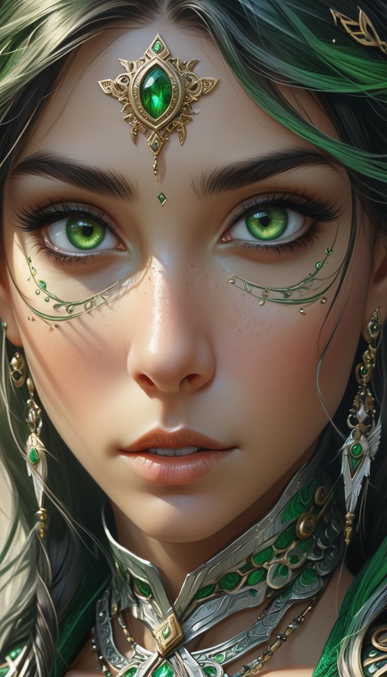 Instaport style, close up a female scourerserous, by karal bak and vargas, beautiful detailed eyes, detailed long dark h...
