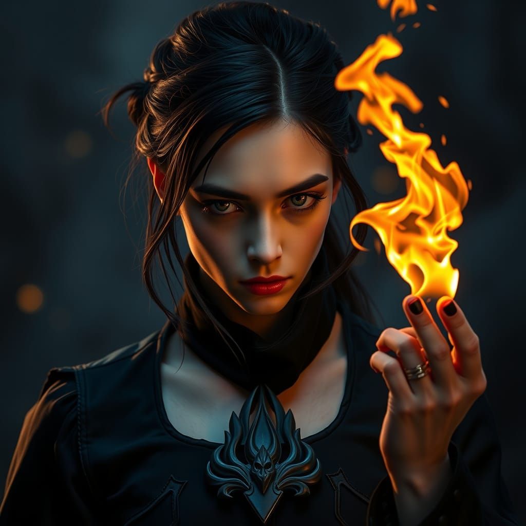 Ominous Woman Conjuring Fireball in Dark Fantasy Style