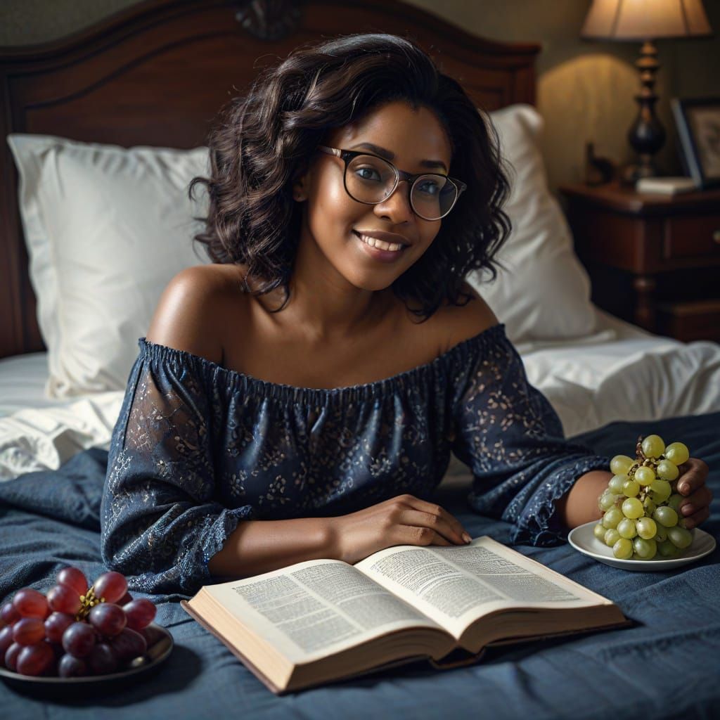 Happy Woman Reading in Bed, Hyperrealistic Style