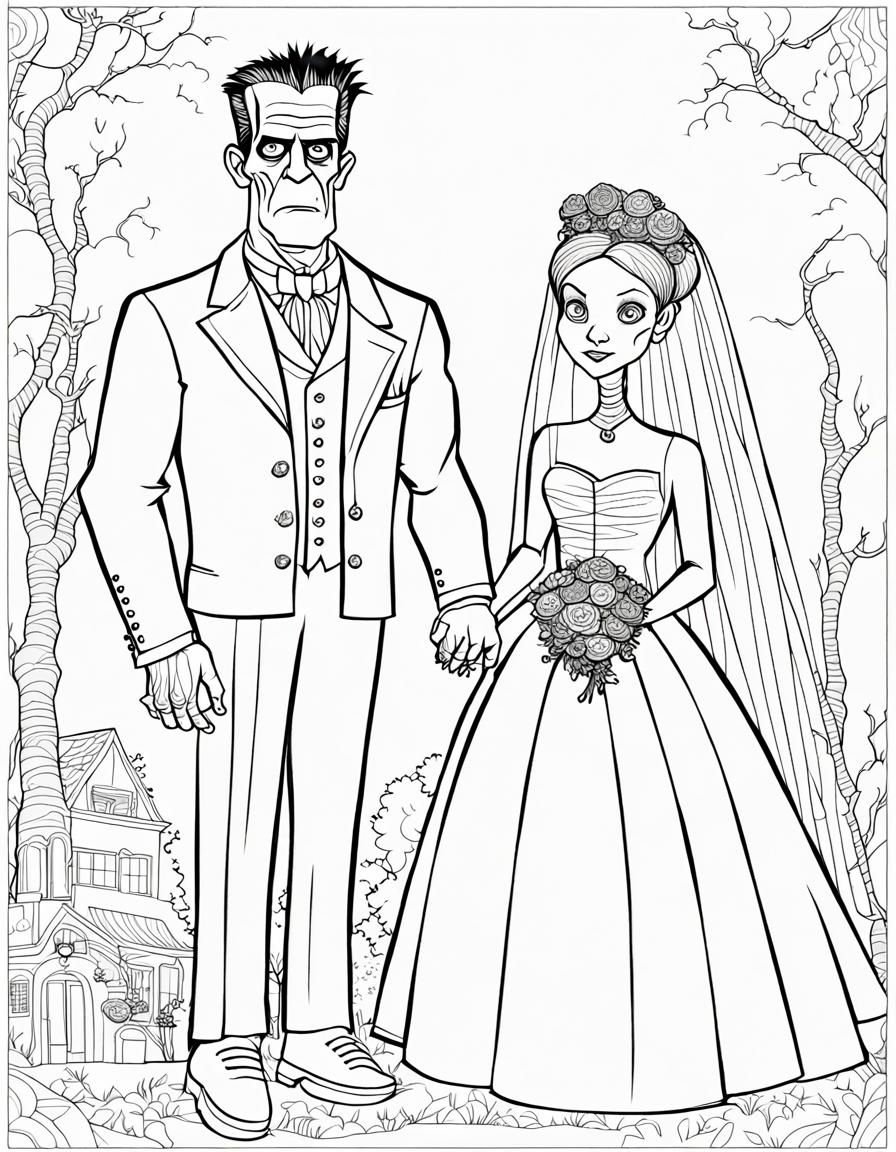 Frankenstein and Bride Coloring Page in Pixar Style