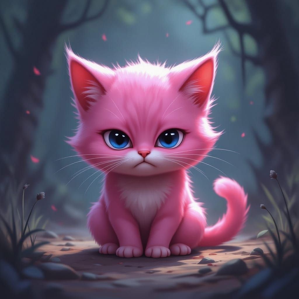 Grumpy Pink Kitty with Tiny Frown