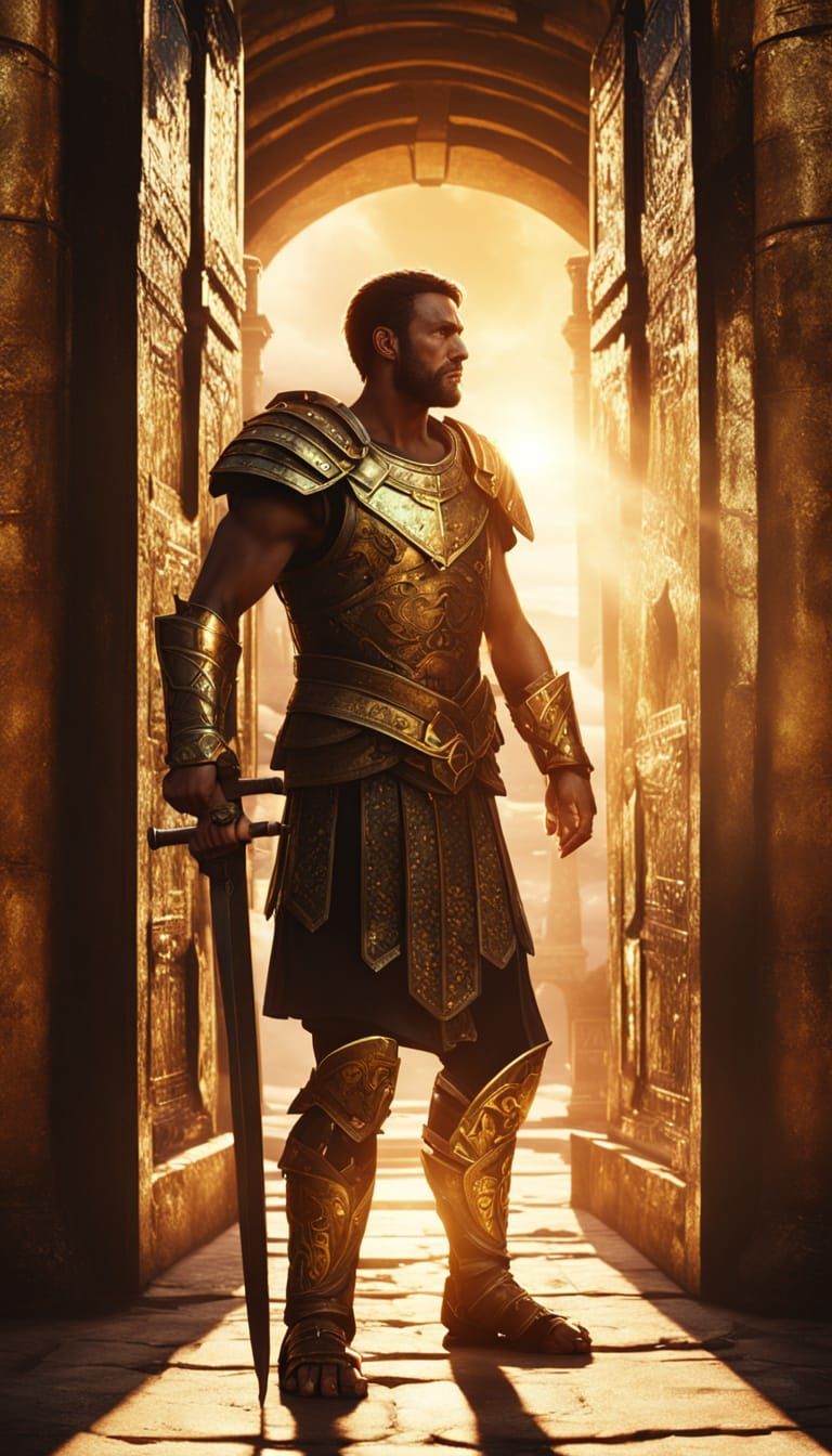 Gladiator in Golden Light Before Bronze Doors