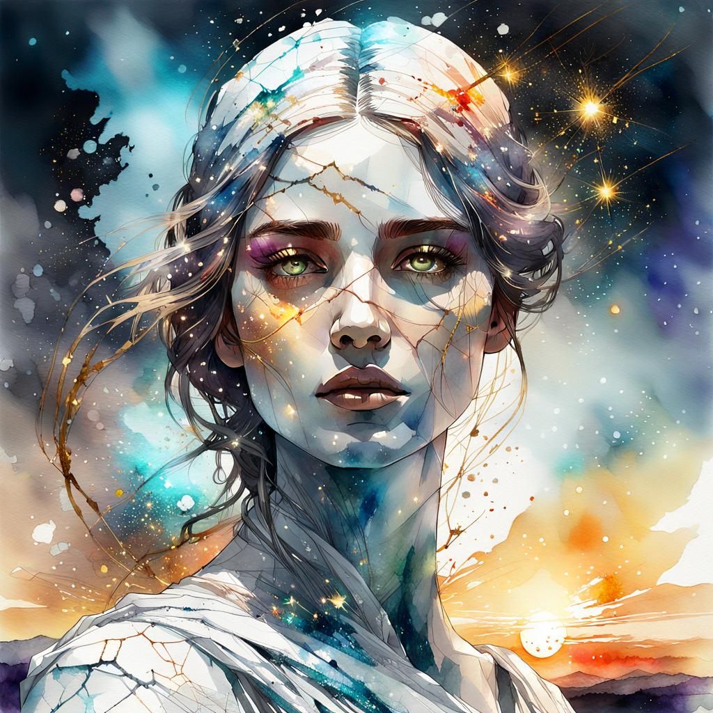 Cracked Marble Statue Portrait in Watercolor Style