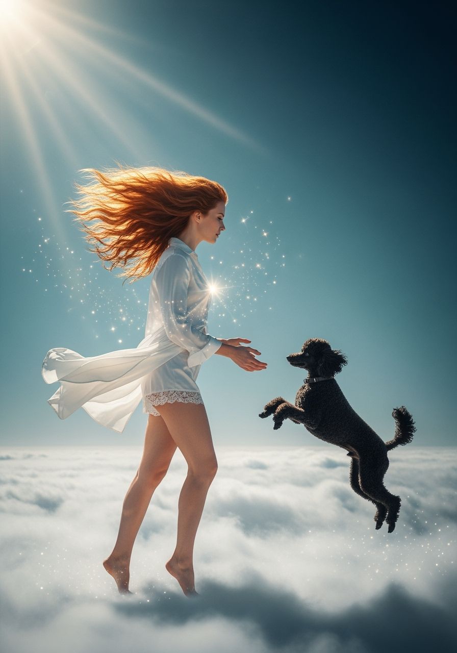 Heavenly Reunion: Woman and Poodle in Hyperrealistic Style