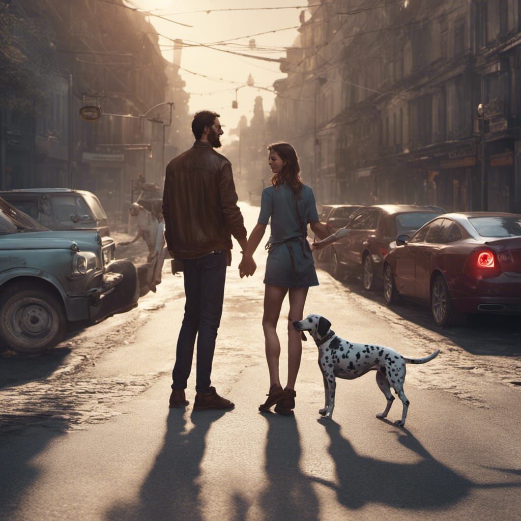Couple with Dalmatian Dog: Hyperdetailed Splash Art