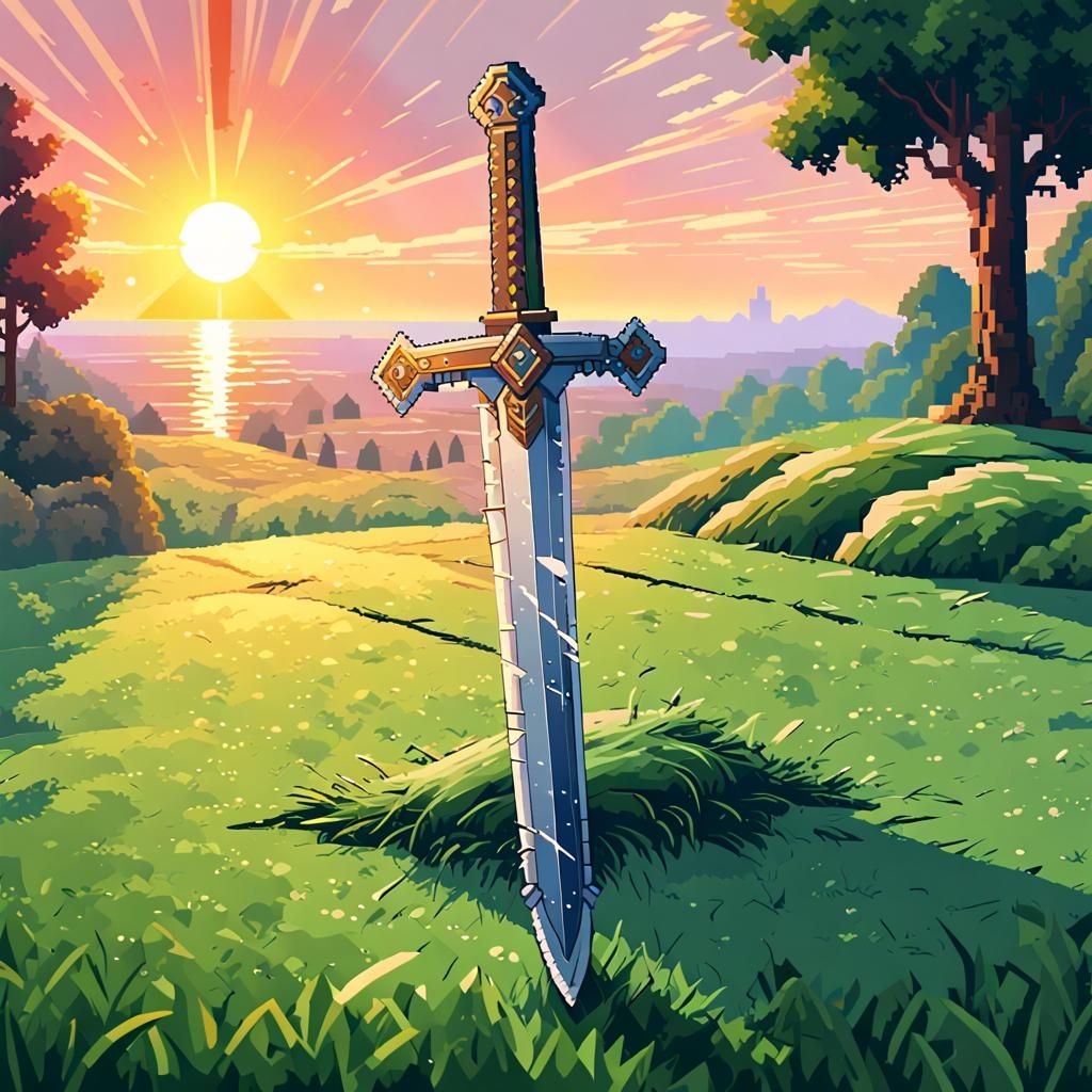 view of a slightly worn medieval sword stuck in the green la...