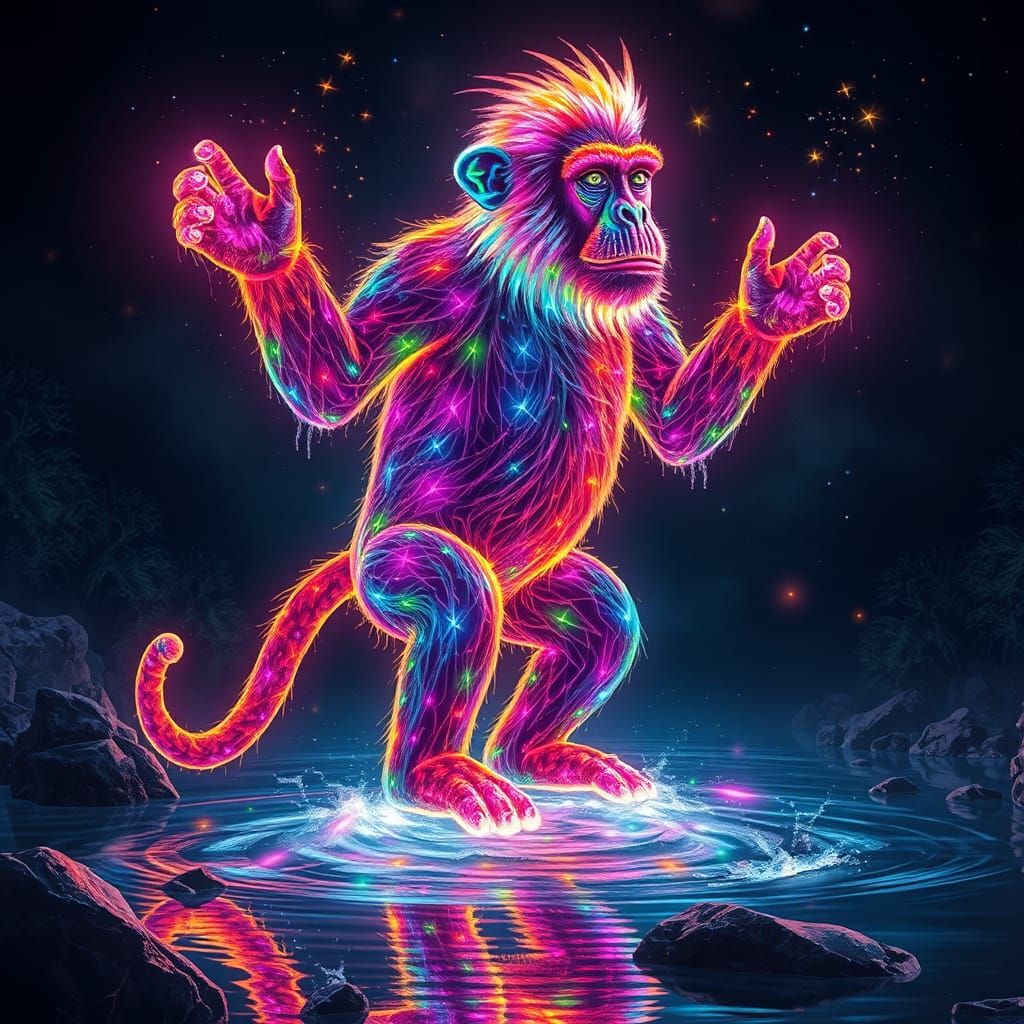 Rainbow Monkey Made of Lights in Fantasy Art
