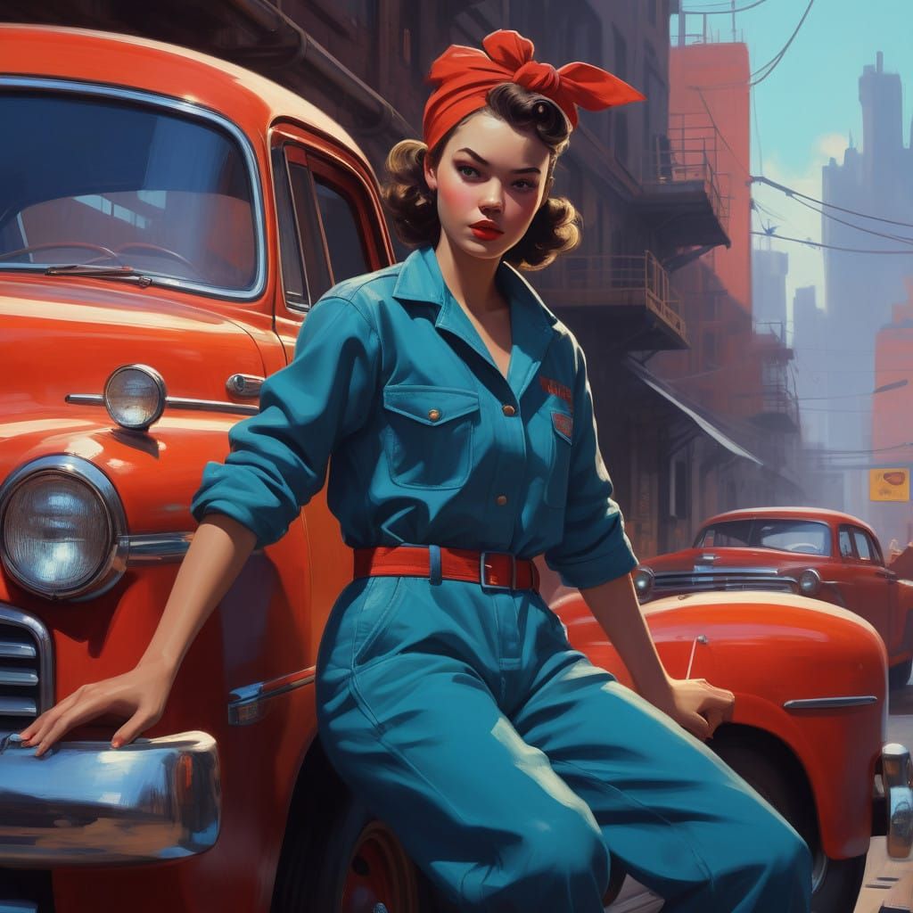 Vintage Pin-Up Girl in Fitted Coveralls, Wrench in Hand