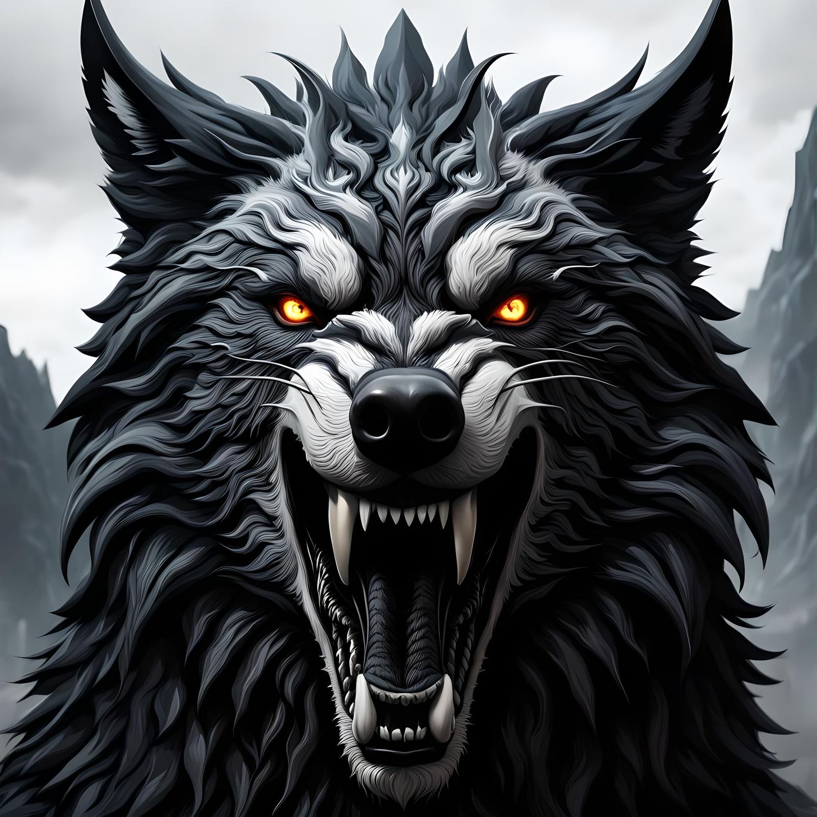 Roaring Wolf Head in Detailed Matte Painting
