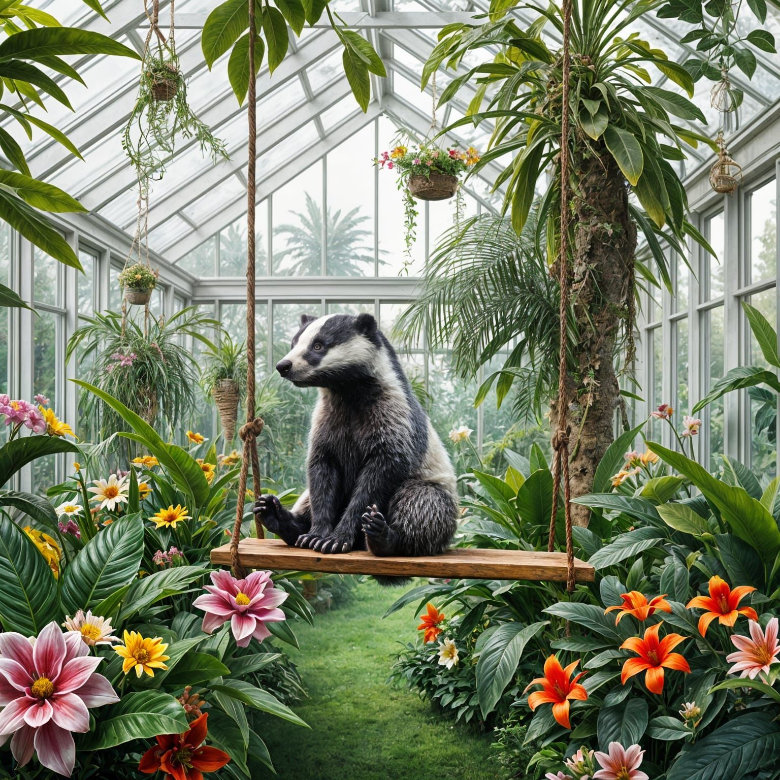 Hyperrealistic Badger Swings in a Glass Conservatory