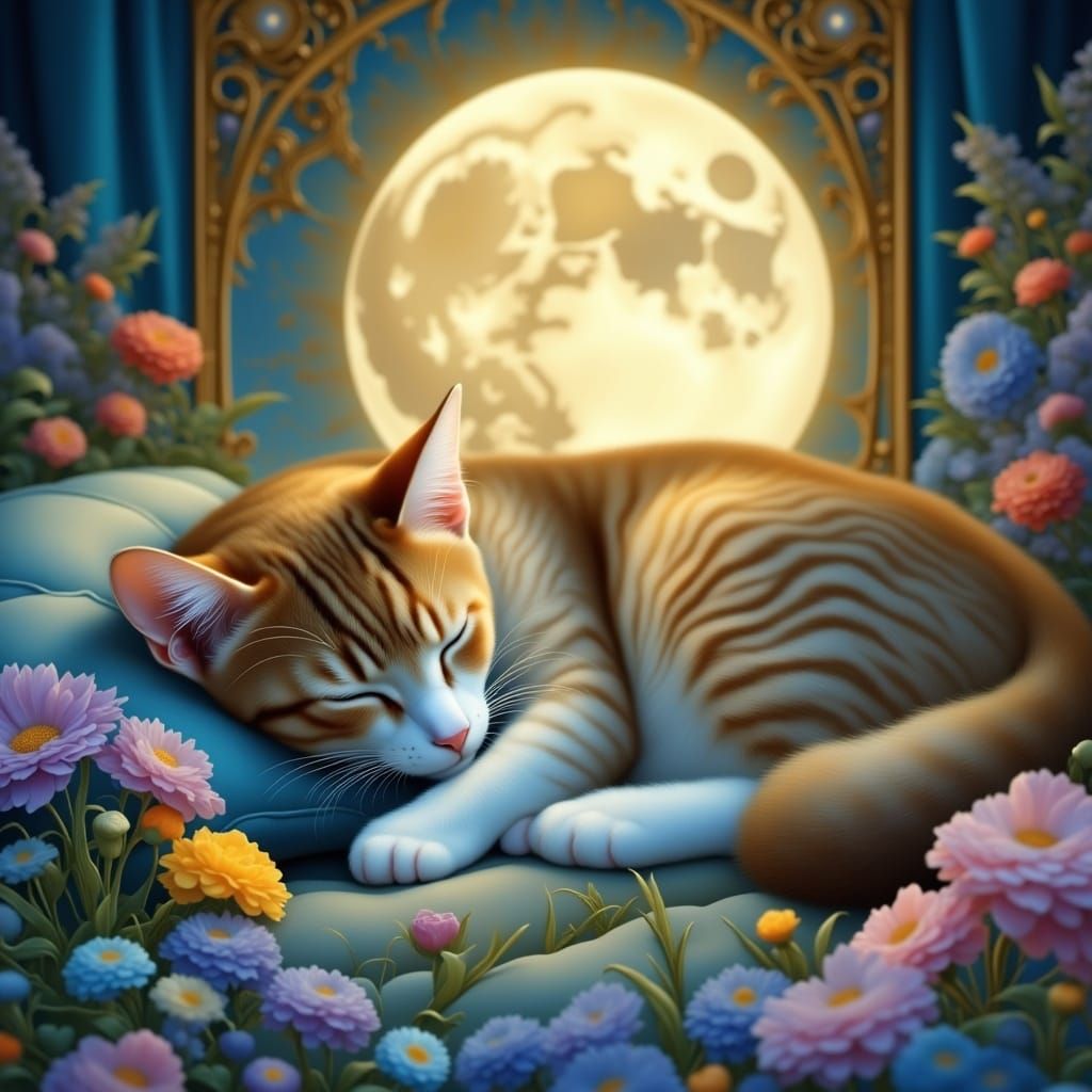 Sleepy Cat in Moonlight: Dreamy Ethereal Scene