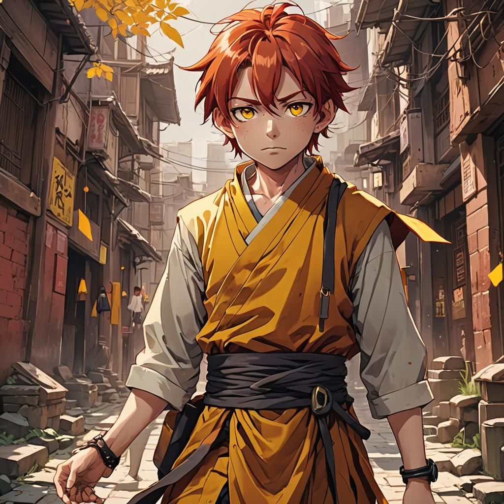 Anime Style Teenage Monk Boy with Red Hair