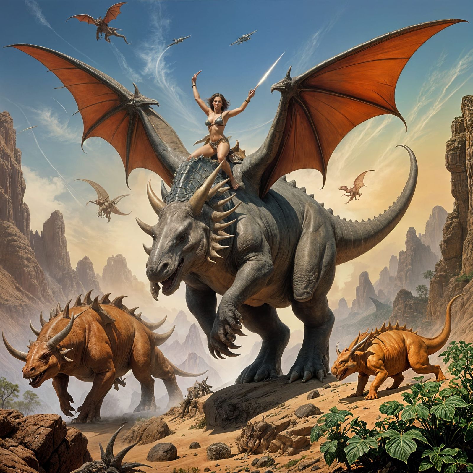 Fantasy Scene with Dragons and Triceratops