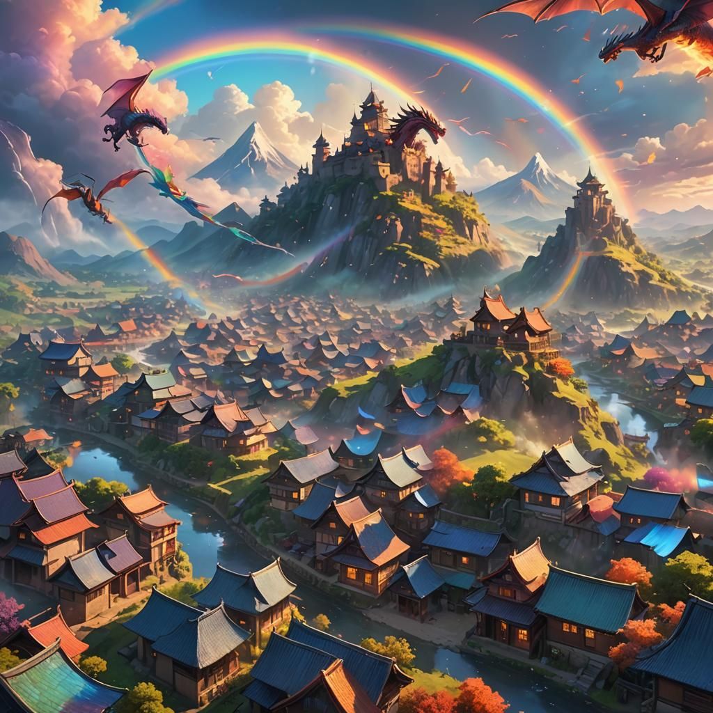 Dragons Terrorize Villages in Rainbow Fantasy Landscape