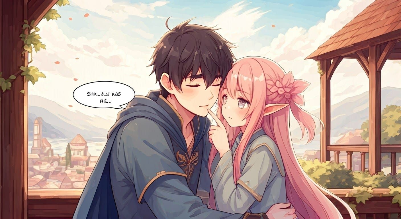 Chibi Anime Elf and Human Embrace in Pastel Dreamscape