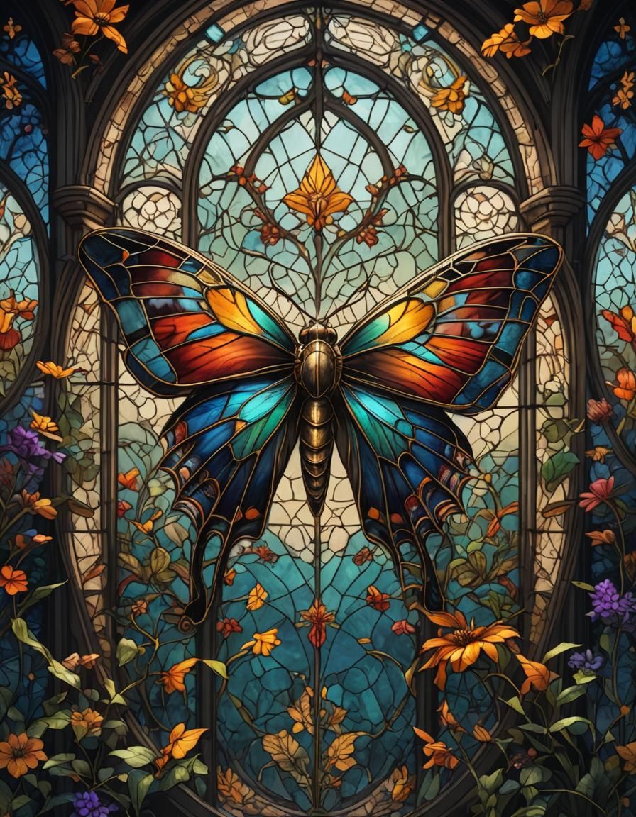 Detailed Stained Glass Moth in Fantasy Style
