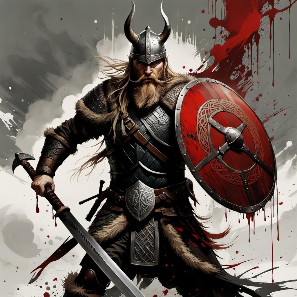 Fierce Viking Battle Scene in Splash Art Style