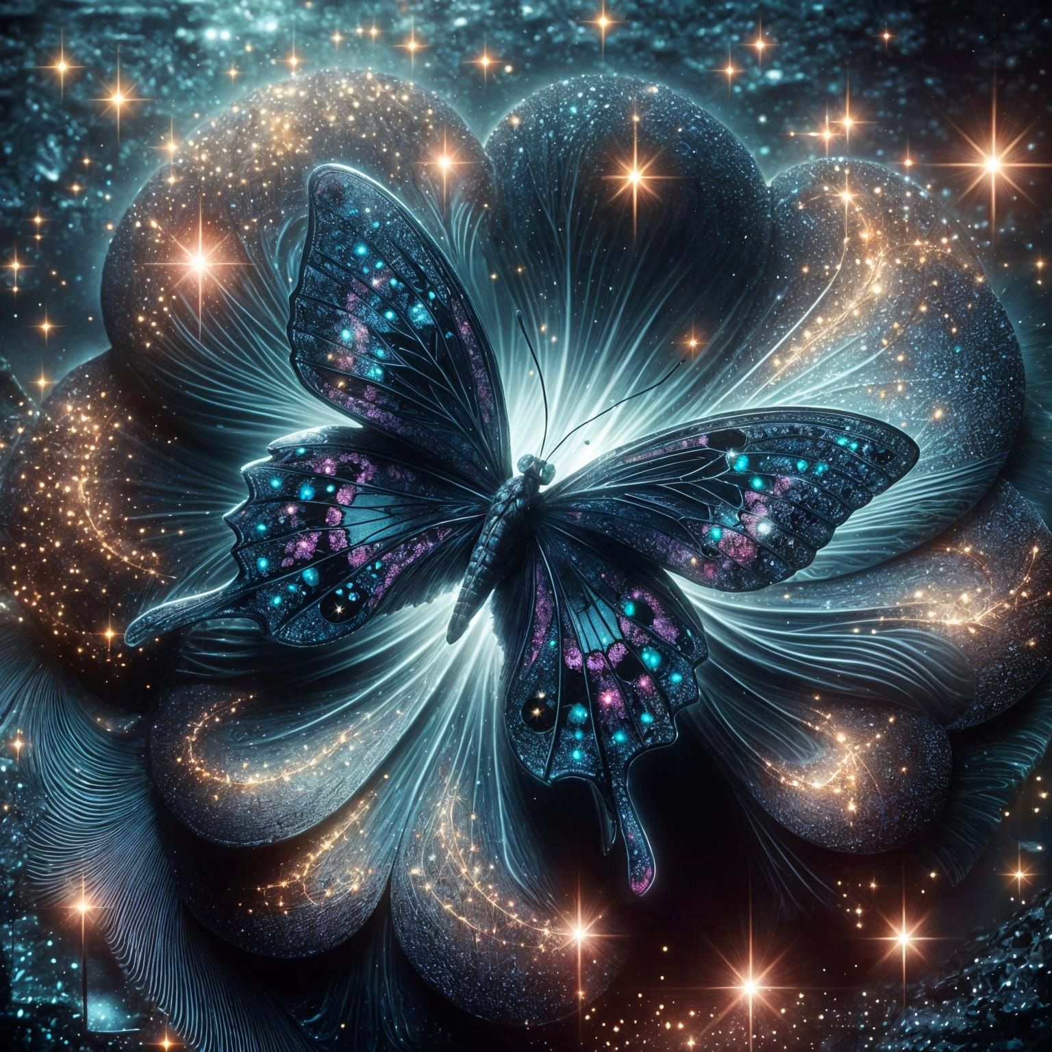 Cosmic Butterfly on Bioluminescent Bloom